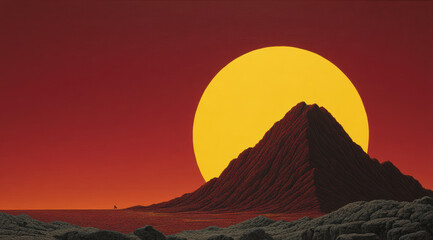 Surreal landscape features large sun setting behind mountain, casting warm red glow
