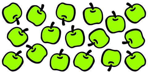 Vector colored horizontal banner with many green apples on a white isolated background