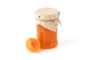 Jar of Apricot Jam with Fresh Apricot and Craft Paper Lid on White Background