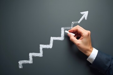 Steps to succeed in business. Businessman drawing steps on chalkboard.