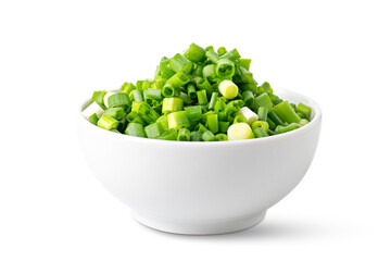 Chopped Green Onions in White Bowl Isolated on White Background