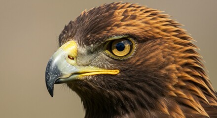 Close up portrait of a golden eagle showing its sharp beak and intense yellow eye looking to the left