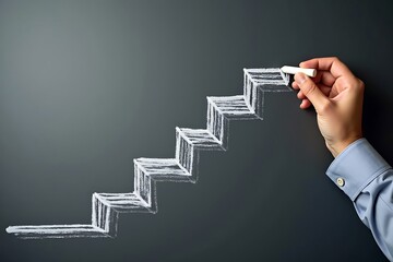 Steps to succeed in business. Businessman drawing steps on chalkboard.