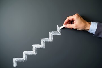 Steps to succeed in business. Businessman drawing steps on chalkboard.