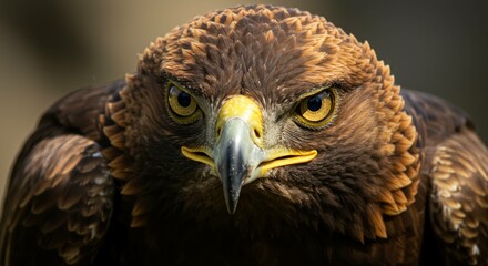 Close up portrait of a golden eagle with intense gaze and detailed feathers against a blurred background