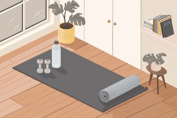 Home Gym Setup With Mat, Dumbbells, and Water Bottle in a Minimalistic Interior