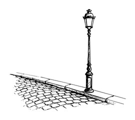 street lamp on cobblestone corner illustration