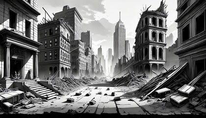 Black and white illustration of a city with destroyed and crumbling buildings in a post-apocalyptic setting