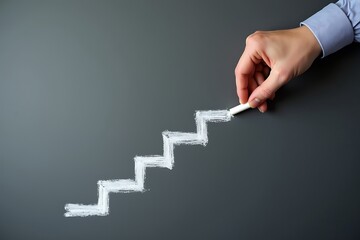 Steps to succeed in business. Businessman drawing steps on chalkboard.