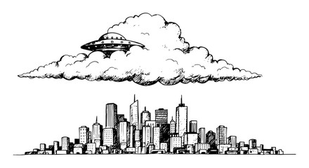 ufo hovering over city skyline illustration © Kaz