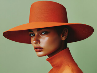 Elegant woman in wide-brimmed orange hat and turtleneck sweater