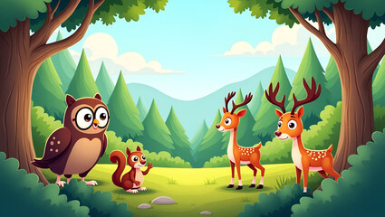 Wildlife scene in a woodland environment featuring forest animals, trees, and natural habitats in a clean cartoon vector style