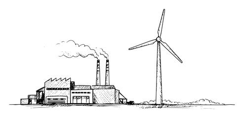 factory and wind turbine contrast energy © Kaz