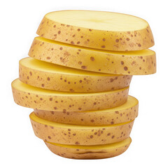 Potato slices stacked high on transparent background