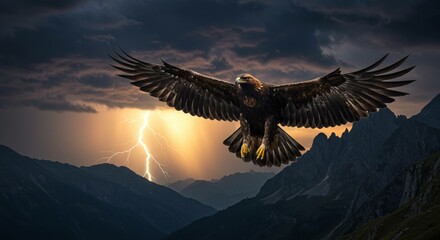 Eagle soaring through stormy skies with lightning striking behind mountain peaks in the distance