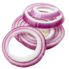 Sliced red onion rings stacked on transparent background