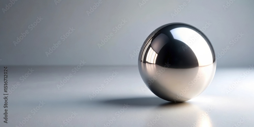 Poster a polished metallic sphere resting on a smooth surface, reflecting light and shadow