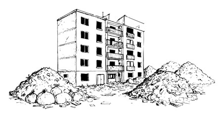 old building surrounded by construction debris