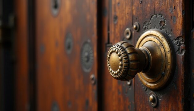 Antique wooden door with brass knob details