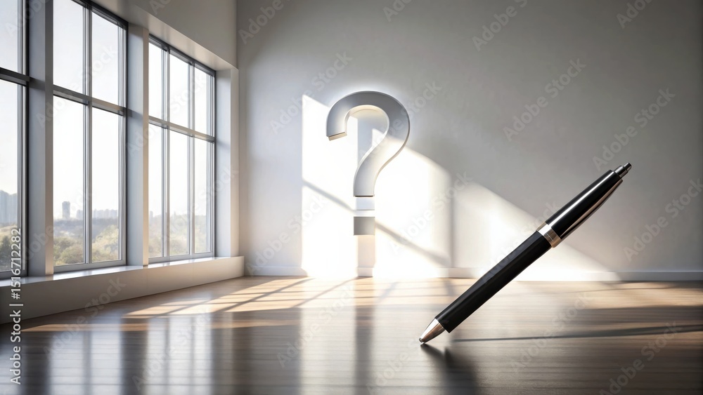 Poster seeking answers a pen rests in an empty room, question mark on the wall