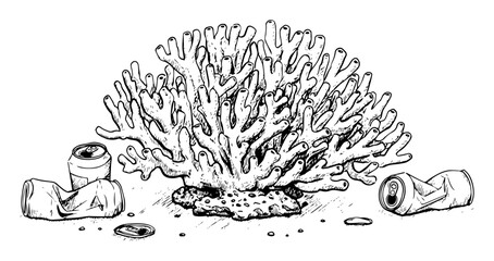 coral reef surrounded by trash pollution