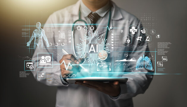 Medical Technology Doctors use AI technology to diagnose, care and improve the accuracy of patient treatment in the future. Medical research, medical innovation for future health.