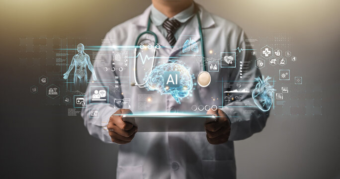 Medical Technology Doctors use AI technology to diagnose, care and improve the accuracy of patient treatment in the future. Medical research, medical innovation for future health.