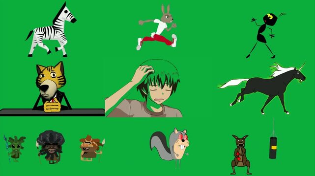 zebra green background cartoon rabbit white shirt red pants ant cat suit sitting at desk girl hair eyes black unicorn running screen four characters dog boxing bag hanging ceiling image it .