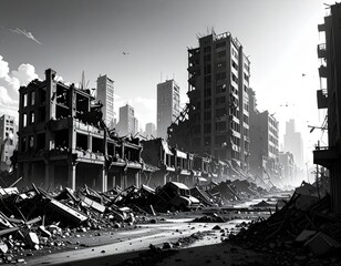 Black and white illustration of a city with destroyed and crumbling buildings in a post-apocalyptic setting