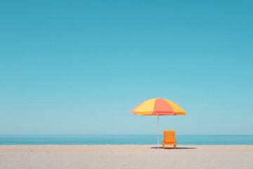 minimalistic image of serene beach scene with lone sunbed under colorful umbrella next to shoreline