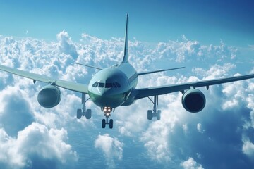 Fototapeta premium Airplane flying above fluffy clouds