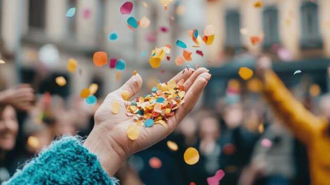 Celebratory event with confetti flying in air city street people cheering vibrant atmosphere joyful scene