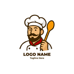 Cartoon chef mascot logo design for kitchen restaurant identity bakery culinary branding cooking business vector character illustration food concept symbol