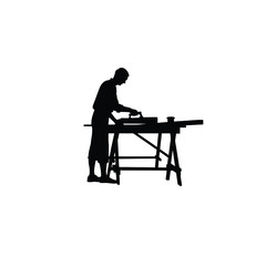 Silhouette of a carpenter sawing wood on table, front view on white background