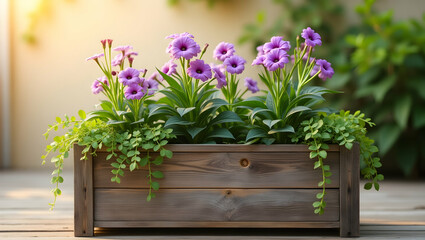 Fototapeta premium Purple blossoms cascade from rustic planter