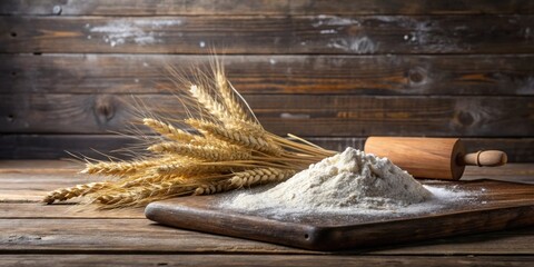 Rustic Still Life Featuring Wheat and Flour on Wooden Board
