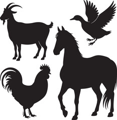 Fototapeta premium Black Silhouettes Of Farm Animals Horse Goat Rooster And Bird