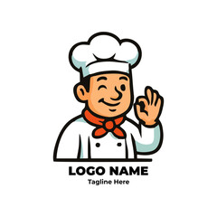 Cartoon chef logo illustration for restaurant branding food business kitchen identity vector mascot with cooking hat bakery icon culinary character design professional cook symbol