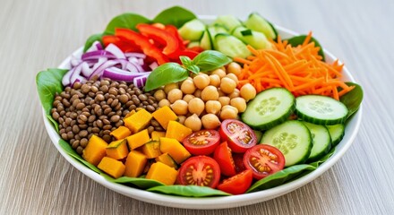 Healthy Vegetarian Salad Lentil Chickpea Carrot Pumpkin Tomatoes Cucumber Wooden Background
