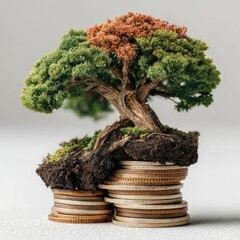 Growing Wealth Indoor Still Life of a Small Tree Thriving on Coins Symbolizing Financial Growth