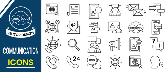 Communication icons, vector set for web, logo and mobile app design. Contact thin line icons,  website, message, phone, chat symbol, communication, talking, discussion, team, support an more icon.