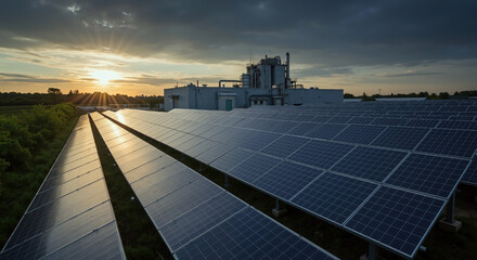 Solar panels field with industrial facility at sunset. Renewable energy farm generating clean electricity near manufacturing plant. Sustainable power technology. Environmental services, energy sector