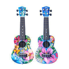 Watercolor Ukuleles with Floral Designs, Hand-Painted Musical Instruments, Colorful Hawaiian Style Ukuleles isolated on transparent white background, clipping path