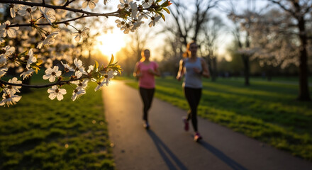 White cherry blossoms with two joggers running on park path during golden sunset. Spring flowers blooming while people exercise outdoors. Active lifestyle concept. Fitness coaching, wellness programs