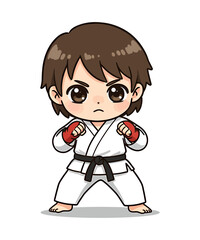 A cute chibi-style illustration of a young boy in a karate gi, ready to fight.