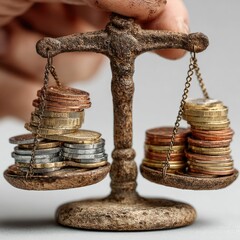 Balancing Coins on a Scale Financial Setting Image Close-up View Investment Concept