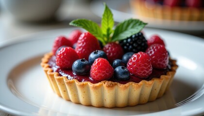 Berry tart with fresh fruits on plate