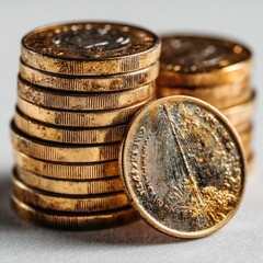 Wealth Reflection A Set of Gold Coins on White Background Isolated Display Macro View Luxury Concept