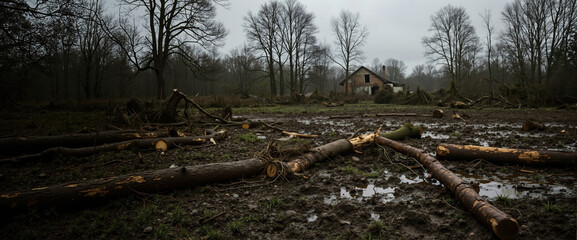 Deforestation site with cut logs scattered across muddy ground near residential house. Clear cutting aftermath showing environmental destruction and logging debris. Forest removal. Logging services