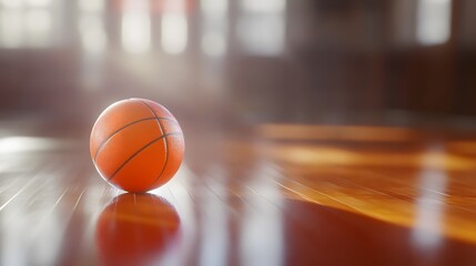 Orange basketball resting on a polished wooden floor.